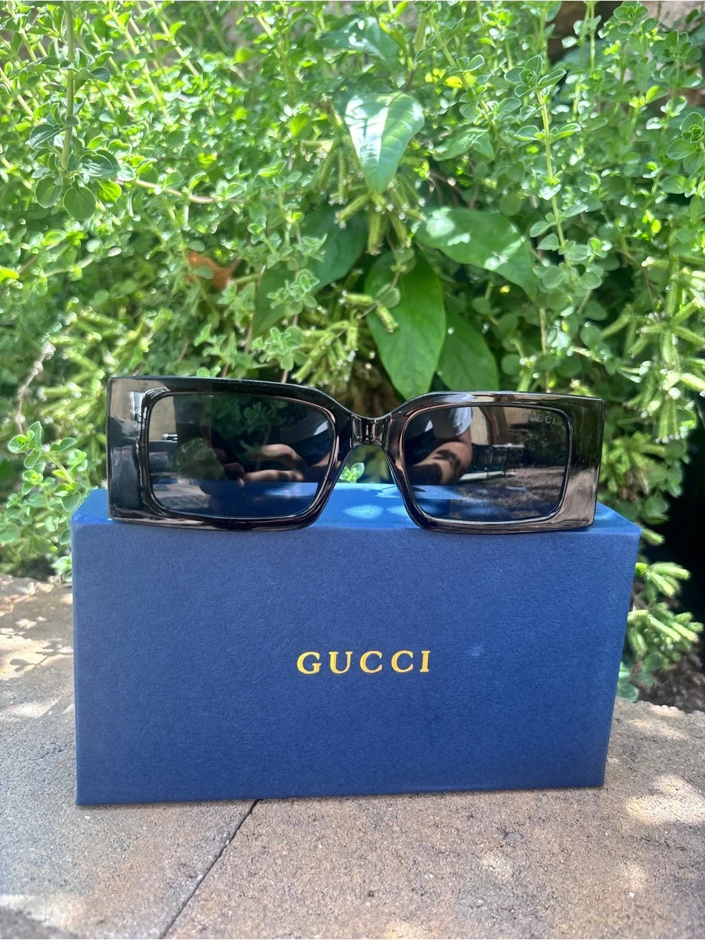 Gucci Men’s Black Rectangular Sunglasses with Dark Lenses